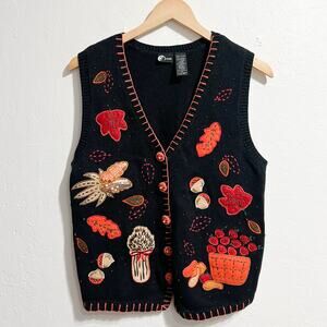 Vintage Holiday Editions Vest Small Knit Fall Thanksgiving Beaded Black Leaves